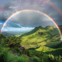 Poster - A rainbow is seen over a green mountain range