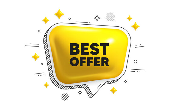 Best offer tag. Chat speech bubble 3d icon. Special price Sale sign. Advertising Discounts symbol. Best offer chat message. Speech bubble banner with stripes. Yellow text balloon. Vector