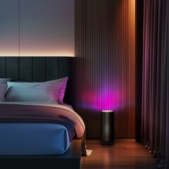 Wall Mural - A bedroom with a bed, a nightstand, and a lamp