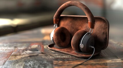 Close-up of stylish brown leather headphones resting on a matching case on a wooden table.