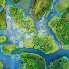 Poster - A green and blue landscape with a river running through it