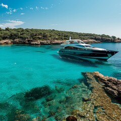 Wall Mural - A large boat is floating on a blue body of water