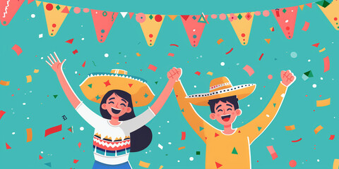 Two happy young people celebrating Cinco de Mayo. Festive elements on pastel background. Traditional Cinco de Mayo decor and party accessories.