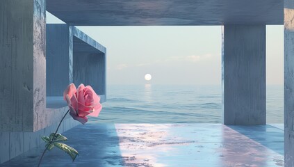 Wall Mural - a pink rose in a concrete room on the beach