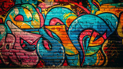 Wall Mural - Abstract bold beautiful graffiti urban street art background on outdoor brick wall colorful tags shapes dynamic art urban renewal neighborhood beautification public art city street