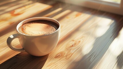 Artistic mocha coffee in white cup on wooden table in warm morning light