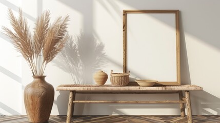 Sticker - Chic home decor still life: dry reed vase, wooden bench, blank frame, wall trim.