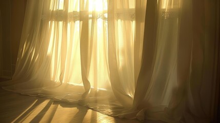 Wall Mural - Sunlight streaming through white curtains indoors.