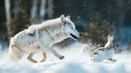 Wall Mural - fierce arctic wolf chasing agile rabbit through snowy forest landscape powerful predator pursuing it
