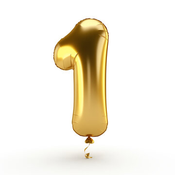 Character '1' made of gold balloon, sharp outline, isolated on white background