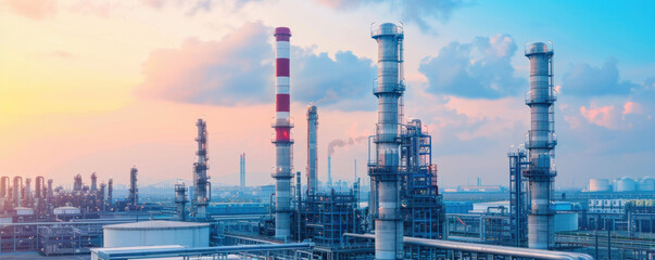 A city skyline with oil refinery in the background, urban development, industrial impact