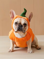 Poster - A dog is wearing an orange costume with a pumpkin on its head