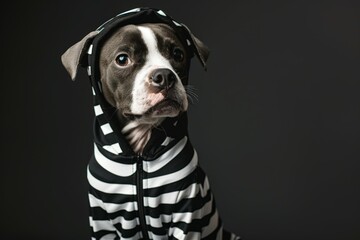 Poster - A black and white dog wearing a striped hoodie