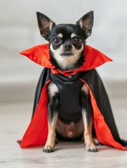 Poster - A small dog is wearing a black and orange cape and is looking at the camera