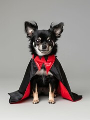 Poster - A small black and brown dog is wearing a black cape and a red collar