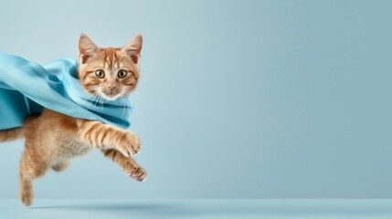 Wall Mural - A cat is wearing a blue cape and is leaping into the air