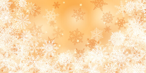 Wall Mural - Christmas background of beautiful complex snowflakes located below, white on yellow colors. Winter illustration with falling snow.