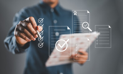 Poster - Businessman using pen to tick correct sign mark in checkbox for quality document control checklist and business approve project concept. Check mark, Filling out digital form checklist, Online exam.