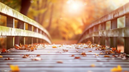 Poster - A bridge with a view of a forest and leaves on the ground