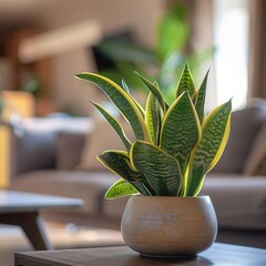 Sticker - lush snake plant with variegated leaves in minimalist ceramic pot soft focus living room background creates depth emphasizing the plants striking geometric patterns and airpurifying qualities