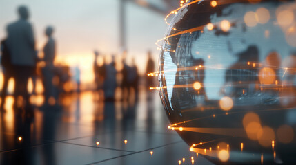 Wall Mural - Abstract digital globe with glowing connections, blurred businesspeople in background, futuristic technology and global network concept, dynamic light effects