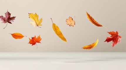 Wall Mural - A series of autumn leaves are flying through the air