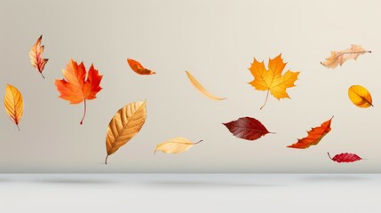 Wall Mural - A collection of autumn leaves are floating in the air