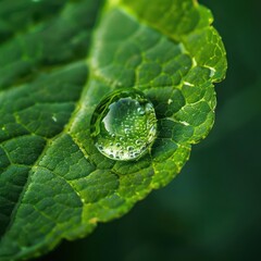 Wall Mural - mesmerizing closeup of a dewdrop on a vibrant green leaf crystalclear water magnifies the intricate leaf structure beneath creating a captivating interplay of light texture and natural geometry