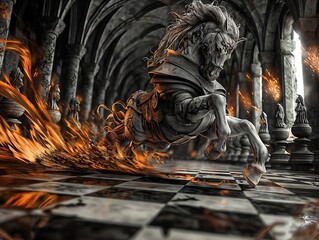 Wall Mural - Fiery Armored War Horse Charging in Gothic Hallway with Sparks Flying