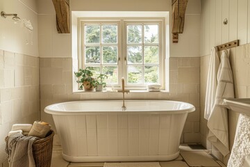 Beautiful bathroom with bathtub and window overlooking countryside. Northwest, USA