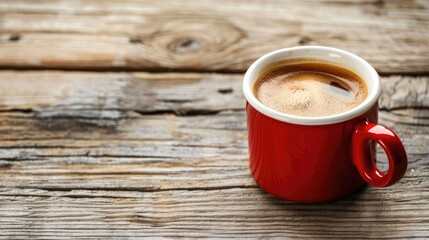 Poster - Vintage coffee in red mug on aged wooden surface