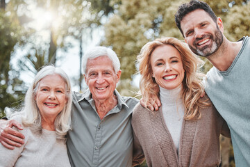 Sticker - Hug, senior parents and portrait of couple in park for bonding, relationship and relax together. Love, happy and man and woman embrace elderly mom and dad outdoors for weekend, affection and care