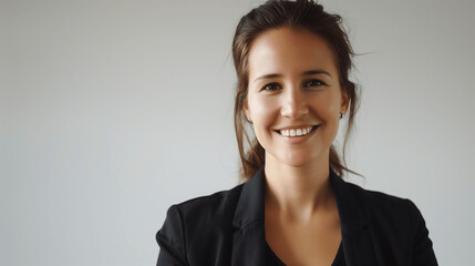 Wall Mural - Cheerful young woman with a bright smile, wearing a black blazer, set against a neutral gray background, radiating positivity and confidence