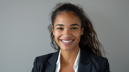 Wall Mural - Smiling young woman in a dark blazer, with curly hair, exuding warmth and friendliness against a neutral gray background, ideal for professional representation