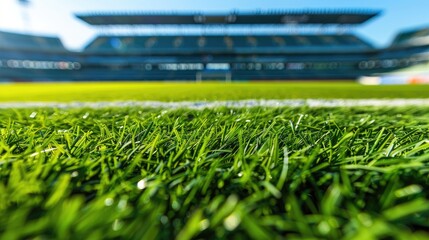 Wall Mural - Green grass sports stadium with spectator stands soccer field American football and baseball a closeup sports mockup background with copy space