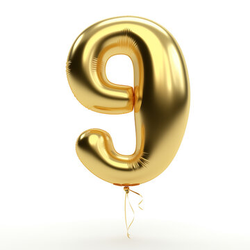 Character '9' made of gold balloon, sharp outline, isolated on white background