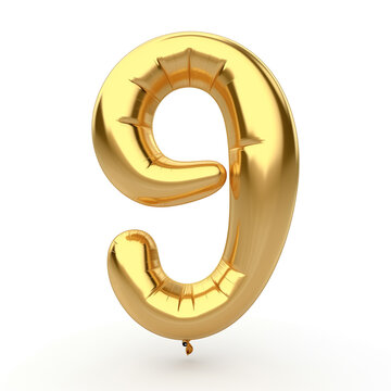 Character '9' made of gold balloon, sharp outline, isolated on white background
