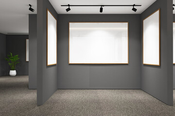 Wall Mural - 3d render of minimal interior design exhibition room with frames mockup. Gray carpet floor, dark gray wall and white ceiling. Set 15