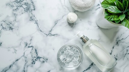 Sticker - Cleansing face with micellar water on marble surface skin care concept