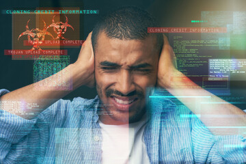 Fototapete - Hologram, danger or man with overlay, crisis or scam for fraud, hacking disaster or cyber attack. Mistake, stress or victim in fear of online data theft, stealing information or credit password