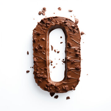 Character '0' made of chocolate, sharp outline, photography on white background