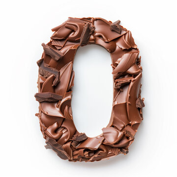 Character '0' made of chocolate, sharp outline, photography on white background