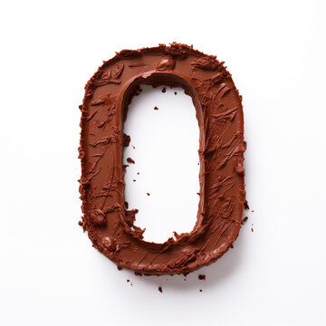 Character '0' made of chocolate, sharp outline, photography on white background