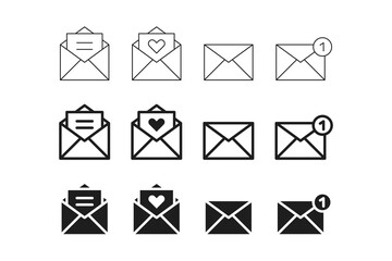 Leinwandbilder - Envelope mail icon set. Closed, open email message icon in flat style. New message notification icons, Love letter icon symbol. EDITABLE STROKE
