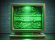© DigitalArt Max - Retro green monochrome phosphor monitor display with pixel sorting glitch effect, distorted digital noise, and nostalgic computer aesthetic for futuristic abstract backgrounds.