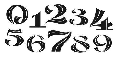 Poster - Vintage decorative numbers font, vector typography typeface. Retro elegant black numbers with white lines and grunge texture. Old fashioned monochrome mathematical objects, numerals or digits set
