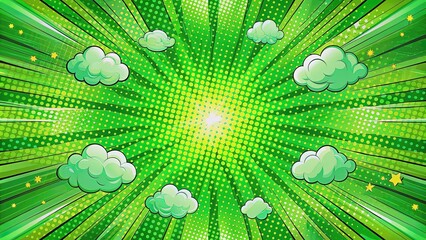 Wall Mural - Vibrant panoramic green comic book inspired background with beams, isolated dots, and whimsical clouds, perfect for creative and abstract design layouts and concepts.