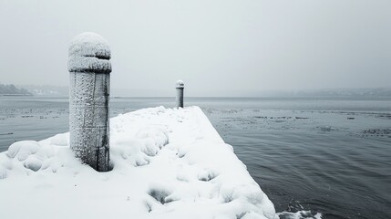 Poster - Snow covered bollard and pier