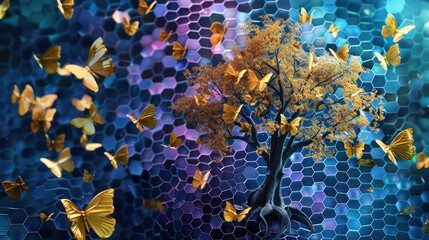 Wall Mural - A fantasy tree with golden butterflies fluttering around, set against a dynamic background of deep blue and purple hexagon honeycombs