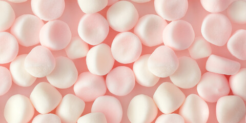 A cute and dreamy, soft and pastel hue, aesthetic pattern of close-up of round shaped soft white marshmallow, each piece showcasing its fluffy texture and light sugar dusting